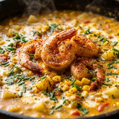 Ultra close-up macro of creamy Cajun shrimp and corn chowder with seared blackened shrimp, sweet corn kernels, and fresh chives