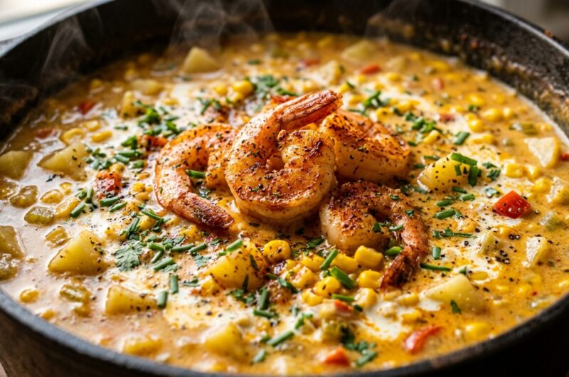 Ultra close-up macro of creamy Cajun shrimp and corn chowder with seared blackened shrimp, sweet corn kernels, and fresh chives