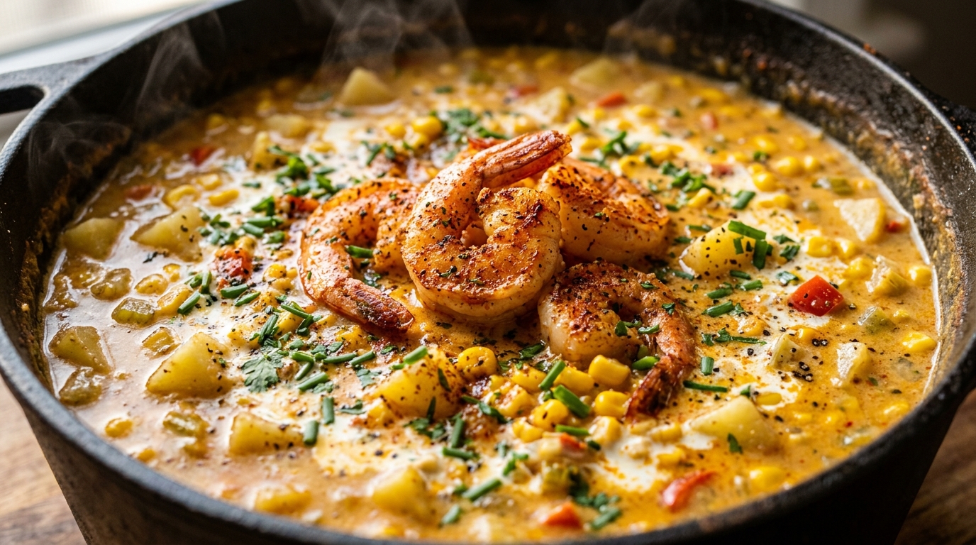 Ultra close-up macro of creamy Cajun shrimp and corn chowder with seared blackened shrimp, sweet corn kernels, and fresh chives