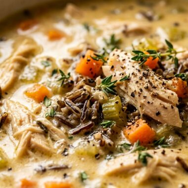 Ultra close-up macro of cozy autumn harvest chicken and wild rice soup