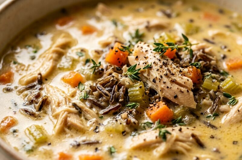 Ultra close-up macro of cozy autumn harvest chicken and wild rice soup