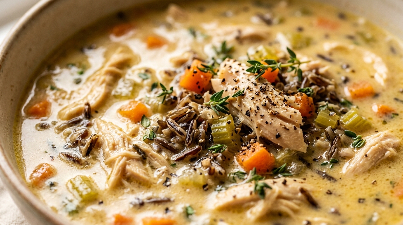 Ultra close-up macro of cozy autumn harvest chicken and wild rice soup with carrots and thyme