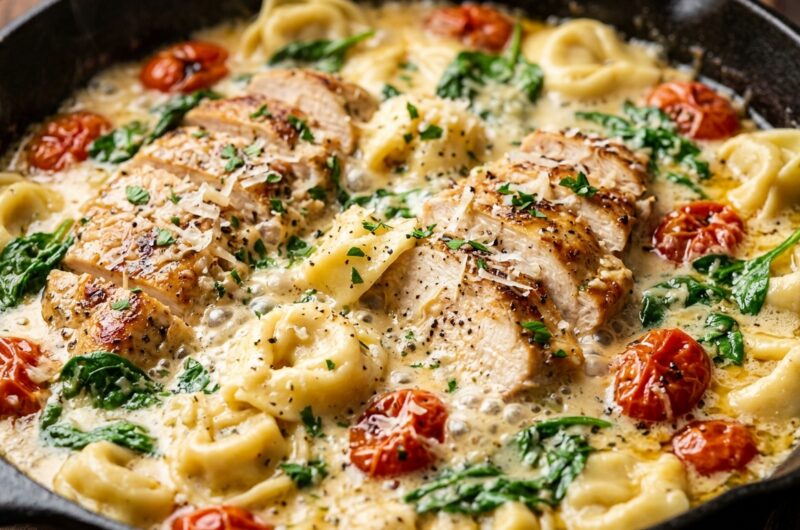 Ultra close-up macro of creamy garlic herb chicken and cheese tortellini simmering in parmesan sauce