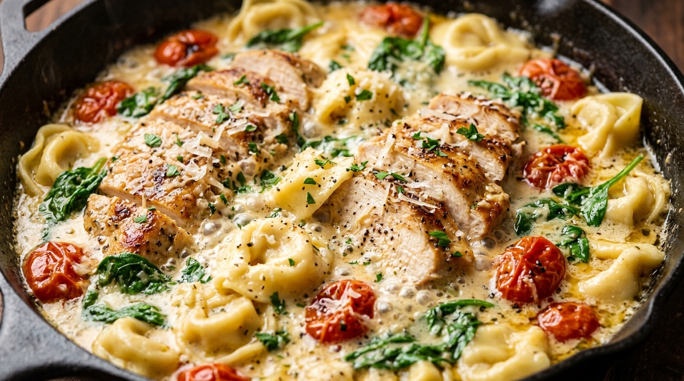 Ultra close-up macro of creamy garlic herb chicken and cheese tortellini simmering in parmesan sauce