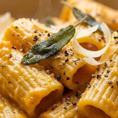 Ultra close-up macro of creamy roasted butternut squash rigatoni with fried sage