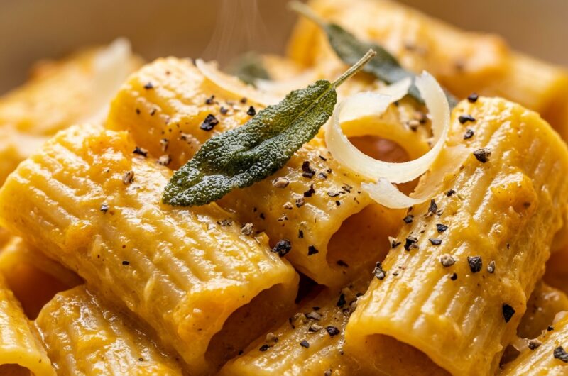 Ultra close-up macro of creamy roasted butternut squash rigatoni with fried sage