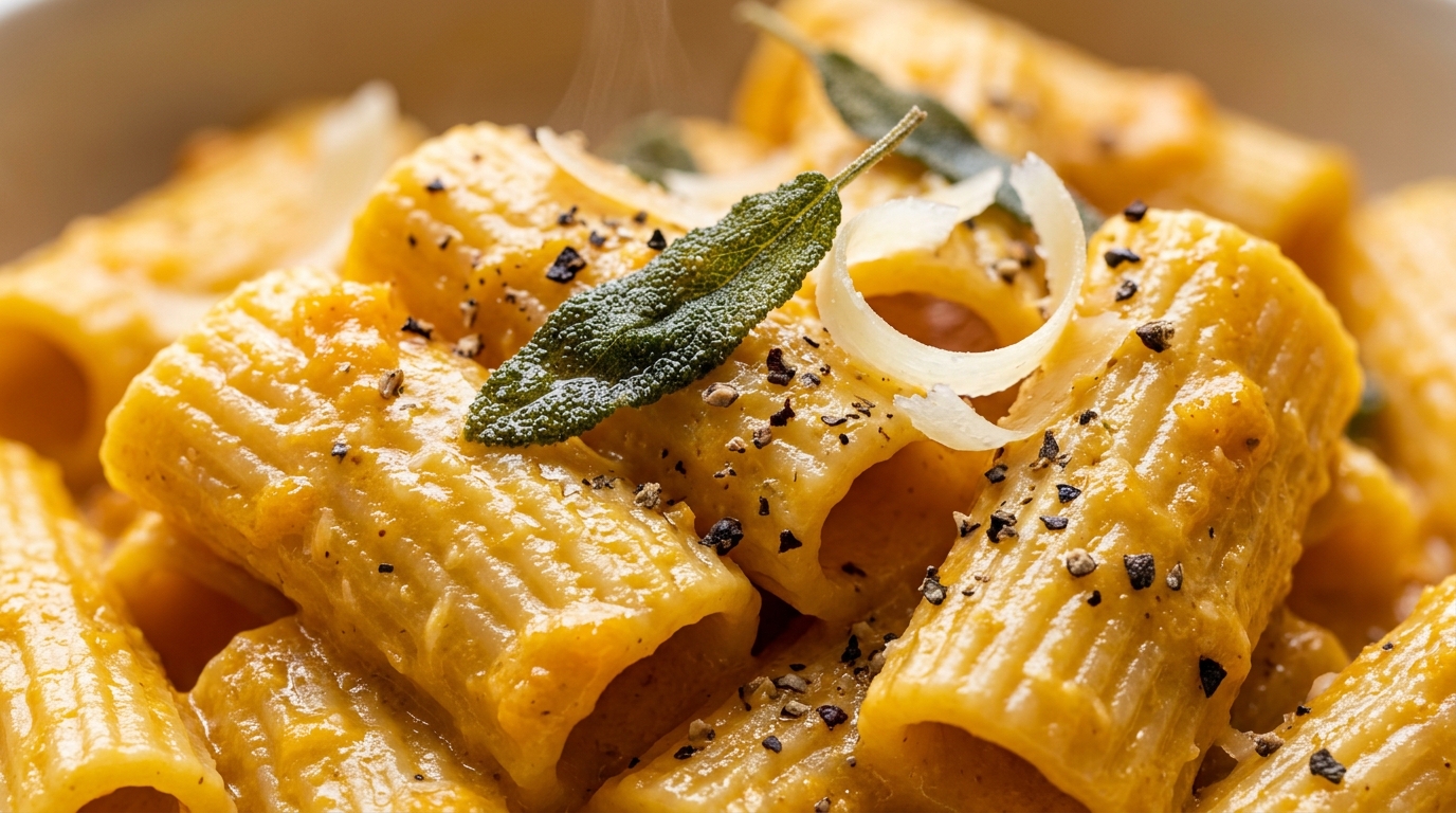 Ultra close-up macro of creamy roasted butternut squash rigatoni with fried sage and shaved parmesan