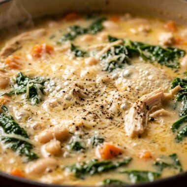 Ultra close-up macro of creamy Tuscan white bean and chicken soup simmering with kale in a Dutch oven