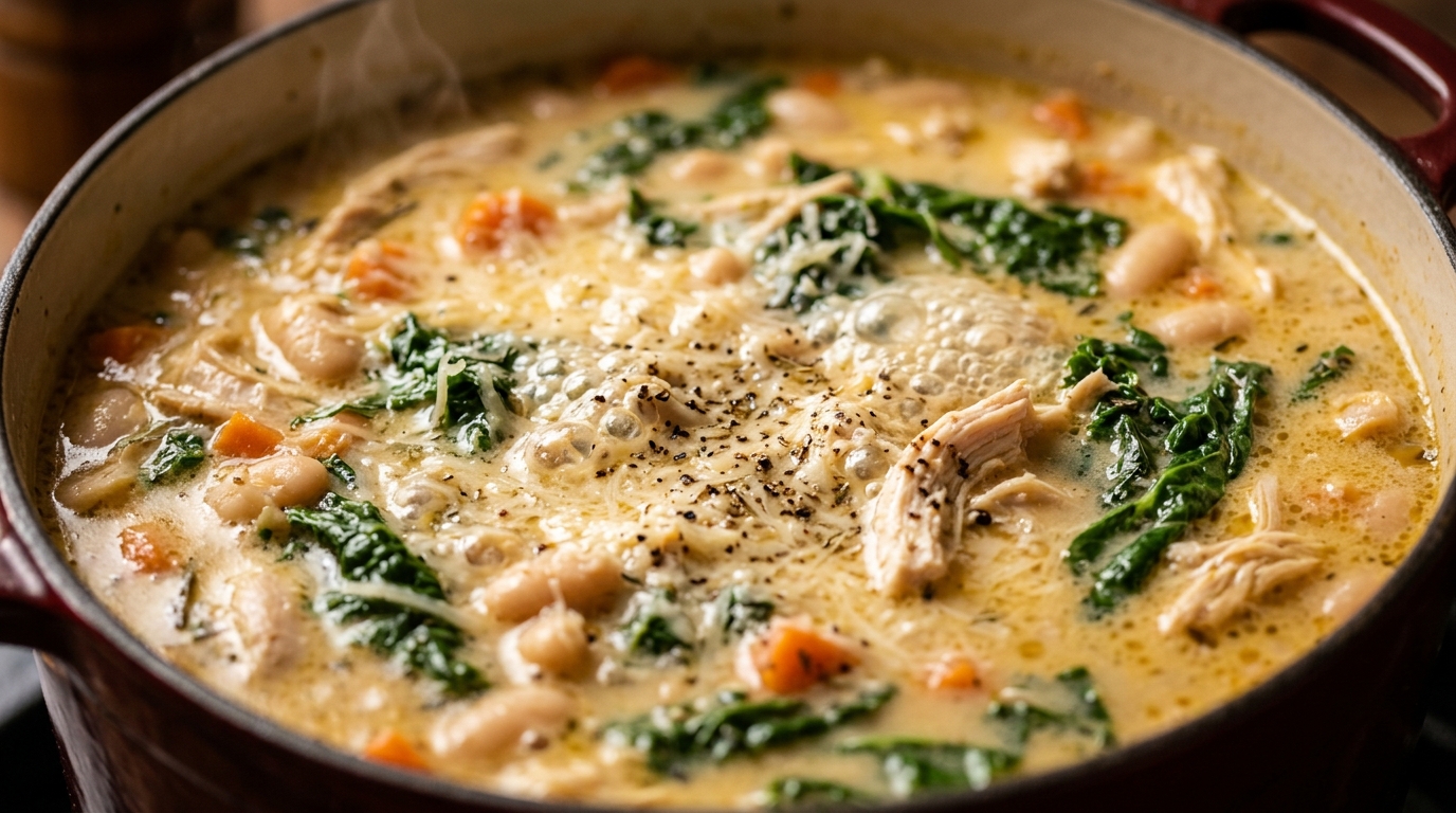 Ultra close-up macro of creamy Tuscan white bean and chicken soup simmering with kale in a Dutch oven
