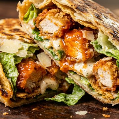 Ultra close-up macro of crispy buffalo chicken caesar crunch wrap cut in half