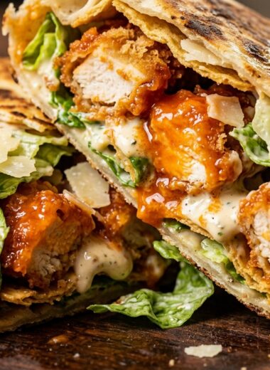 Ultra close-up macro of crispy buffalo chicken caesar crunch wrap cut in half