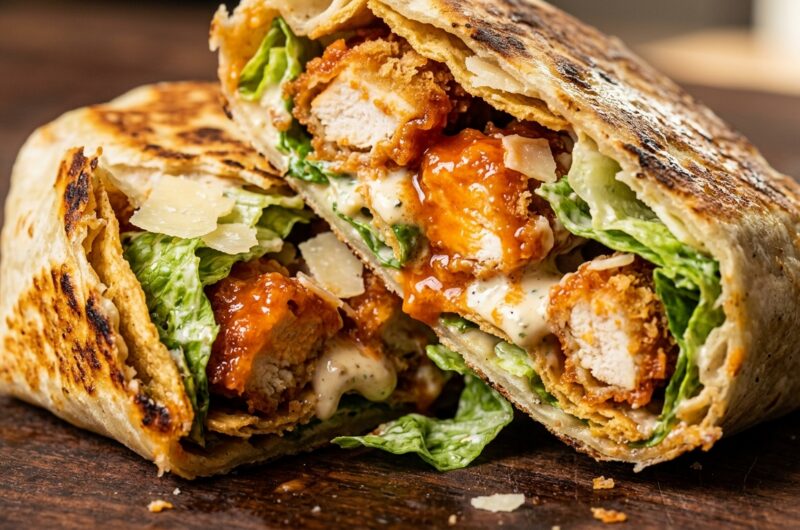 Ultra close-up macro of crispy buffalo chicken caesar crunch wrap cut in half