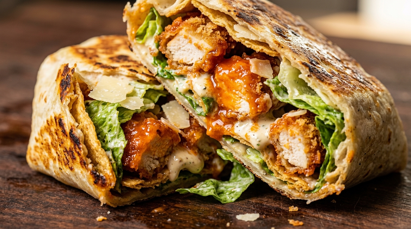 Ultra close-up macro of crispy buffalo chicken caesar crunch wrap sliced in half