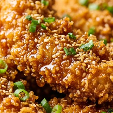 Ultra close-up macro of crispy honey butter garlic chicken tenders
