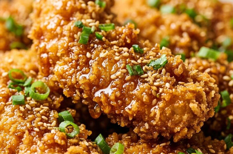 Ultra close-up macro of crispy honey butter garlic chicken tenders