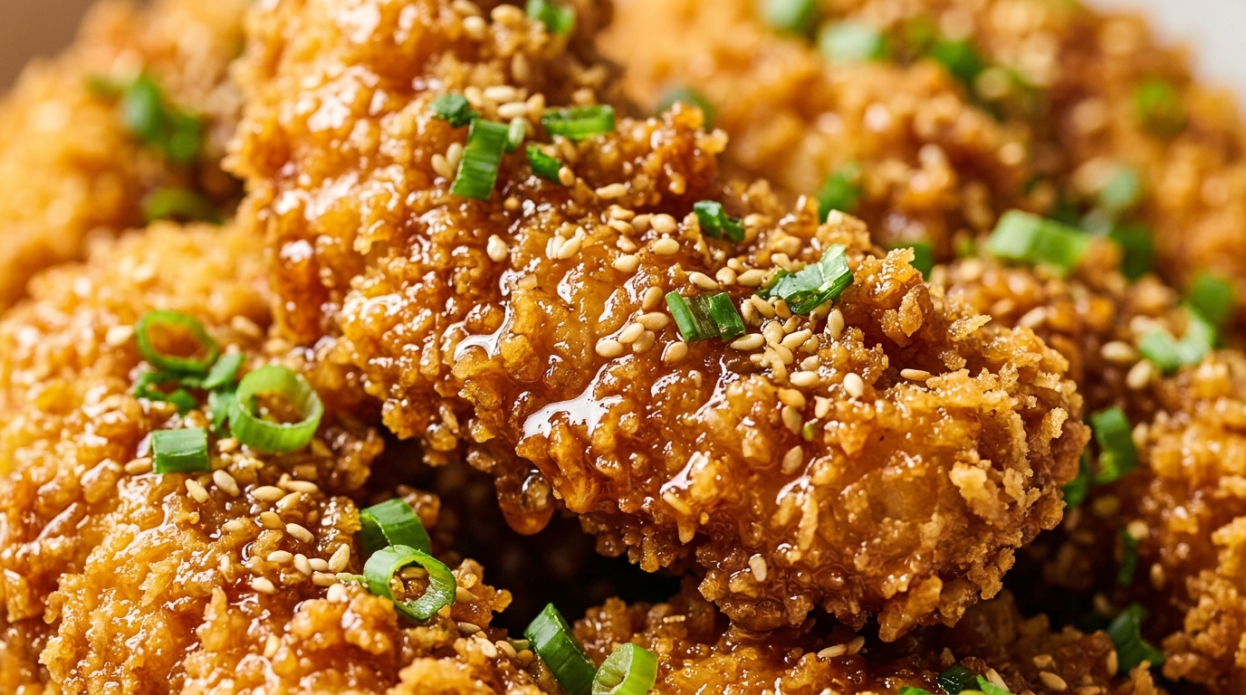 Ultra close-up macro of crispy honey butter garlic chicken tenders with glistening sticky glaze and sesame seeds