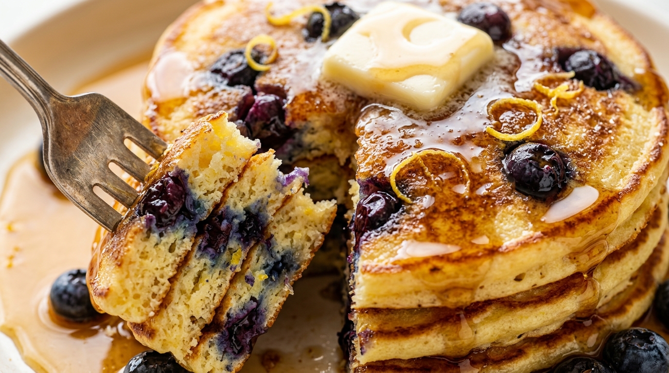 Ultra close-up macro of fluffy lemon ricotta blueberry pancakes with melting butter and maple syrup