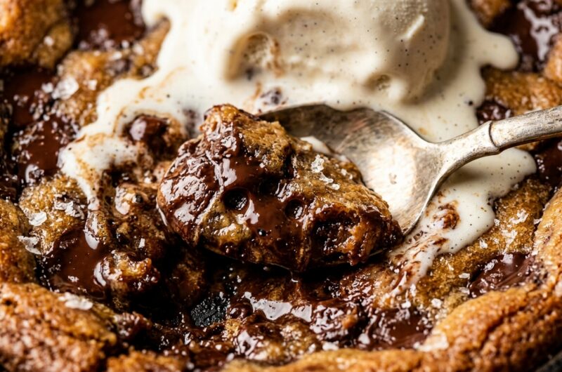 Ultra close-up macro of gooey brown butter chocolate chip skillet cookie with vanilla bean ice cream