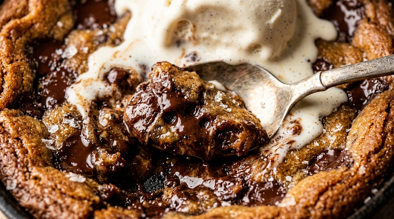 Ultra close-up macro of gooey brown butter chocolate chip skillet cookie with vanilla bean ice cream