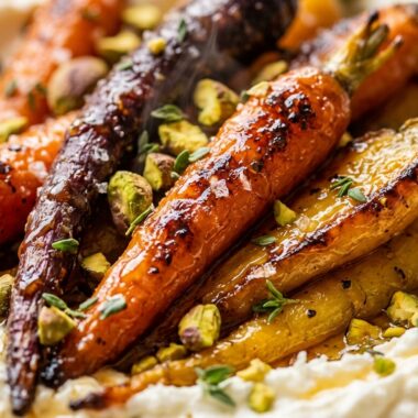 Ultra close-up macro of honey butter roasted carrots with whipped feta and pistachios