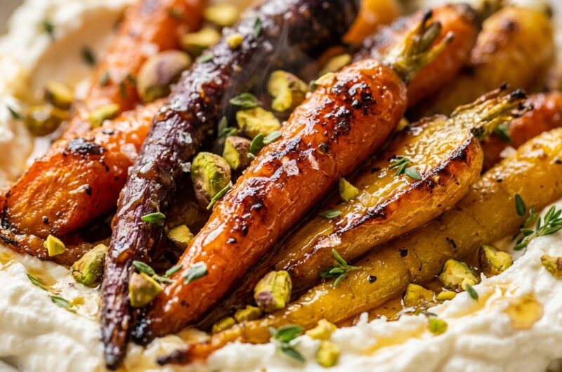Ultra close-up macro of honey butter roasted carrots with whipped feta and pistachios