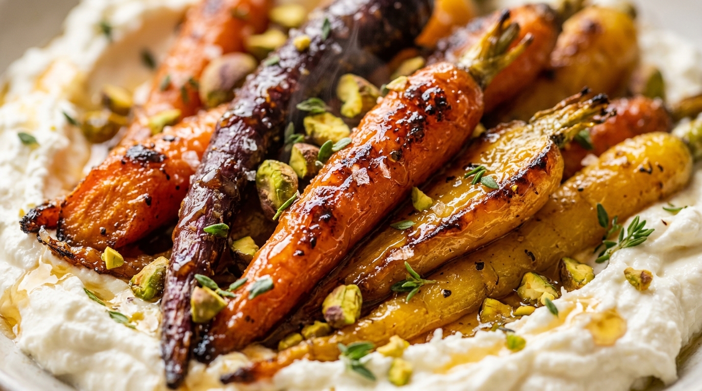 Ultra close-up macro of honey butter roasted carrots with whipped feta and pistachios