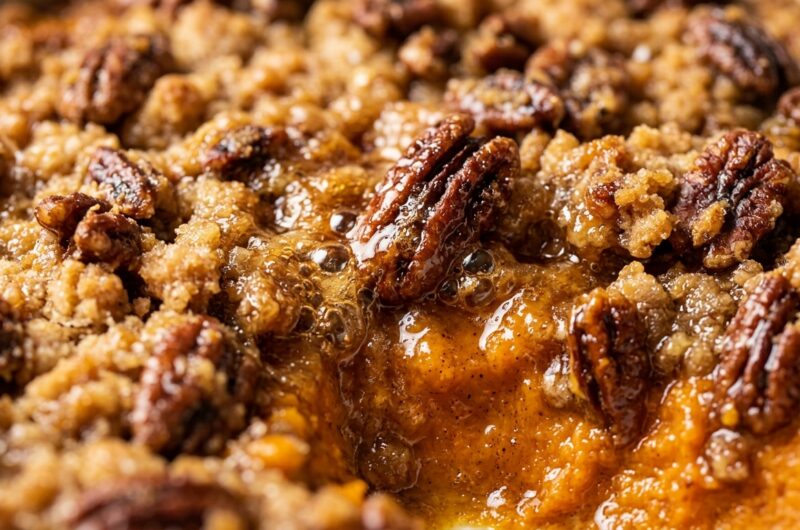 Ultra close-up macro of baked sweet potato casserole with pecan streusel