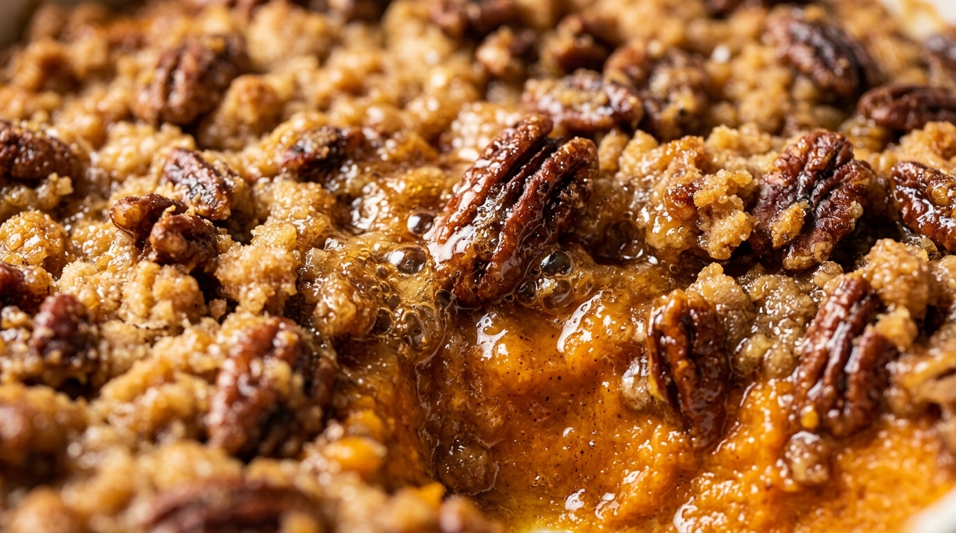 Ultra close-up macro of bubbling golden brown sugar pecan streusel topping over velvety baked sweet potato casserole