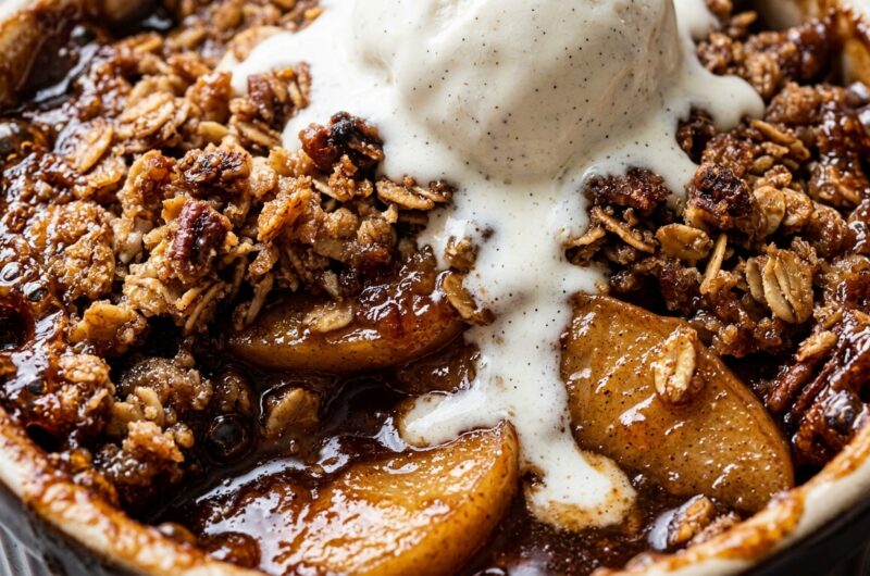 Ultra close-up macro of baked old-fashioned warm cinnamon apple crisp
