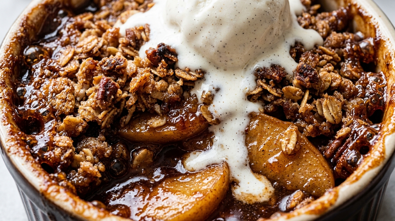 Ultra close-up macro of bubbling old-fashioned warm cinnamon apple crisp with melting vanilla bean ice cream