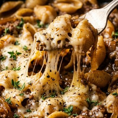 Ultra close-up macro of creamy French onion beef pasta shells with melted gruyere cheese
