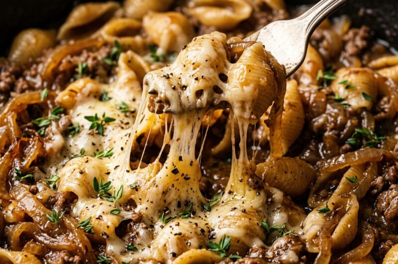 Ultra close-up macro of creamy French onion beef pasta shells with melted gruyere cheese