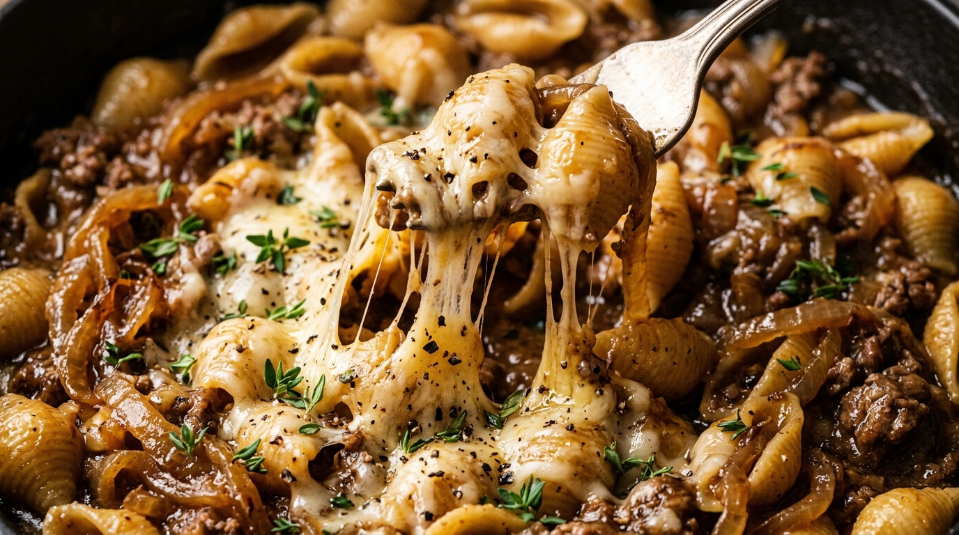 Ultra close-up macro of creamy French onion beef pasta shells with melted gruyere cheese