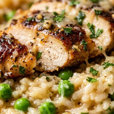 Ultra close-up macro of one-pot garlic parmesan chicken and rice