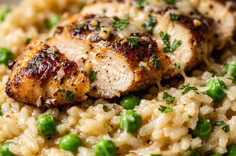 Ultra close-up macro of one-pot garlic parmesan chicken and rice