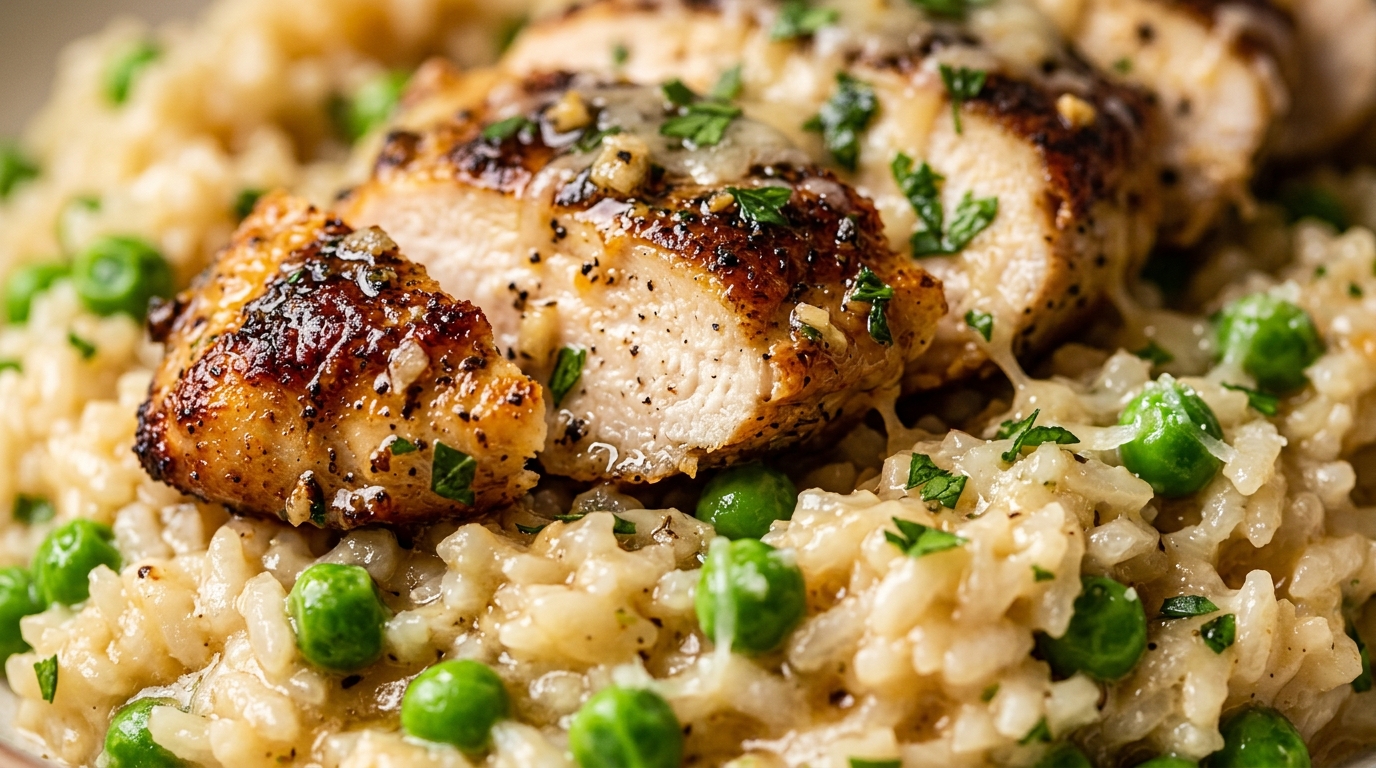 Ultra close-up macro of one-pot garlic parmesan chicken and rice with sweet peas and melted cheese