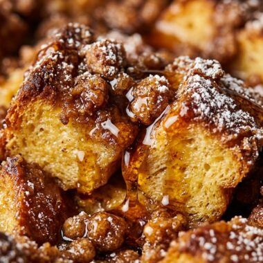 Ultra close-up macro of baked overnight cinnamon brioche French toast casserole