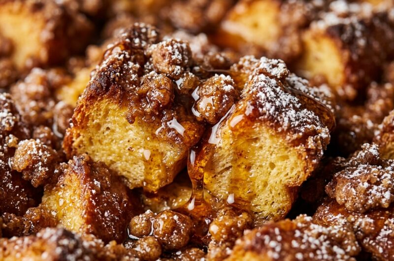 Ultra close-up macro of baked overnight cinnamon brioche French toast casserole