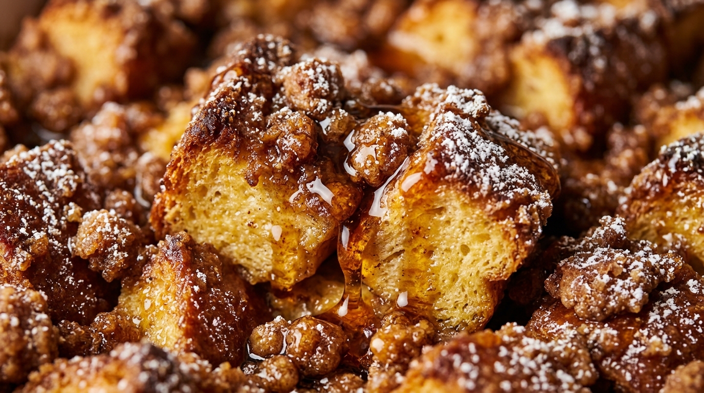 Ultra close-up macro of baked overnight cinnamon brioche French toast casserole with bubbling streusel and maple syrup