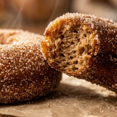 Ultra close-up macro of warm baked apple cider donuts coated in cinnamon sugar