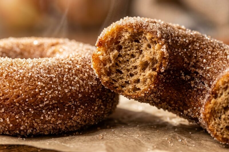Ultra close-up macro of warm baked apple cider donuts coated in cinnamon sugar