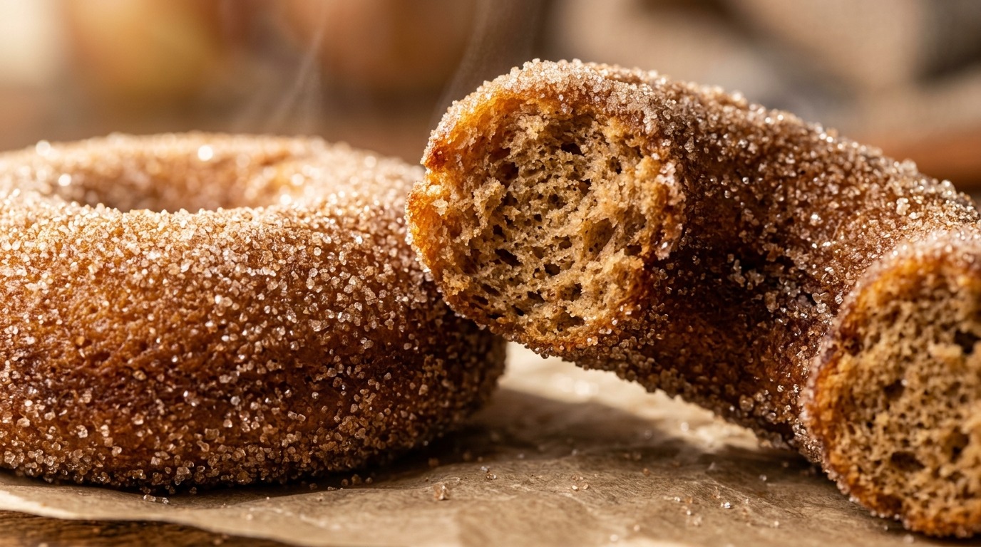 Ultra close-up macro of warm baked apple cider donuts coated in cinnamon sugar