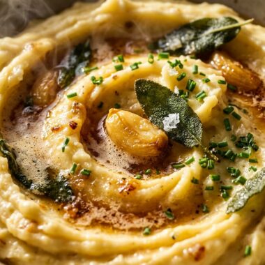 Ultra close-up macro of creamy brown butter roasted garlic mashed potatoes with golden brown butter swirl and roasted garlic