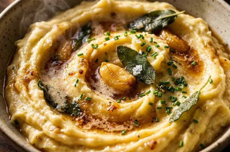 Ultra close-up macro of creamy brown butter roasted garlic mashed potatoes with golden brown butter swirl and roasted garlic