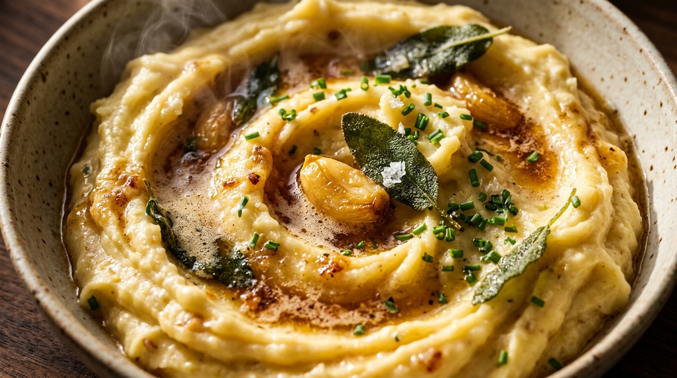 Ultra close-up macro of creamy brown butter roasted garlic mashed potatoes with golden brown butter swirl and roasted garlic
