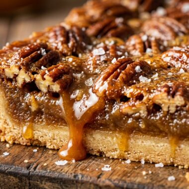 Ultra close-up macro of sliced caramelized brown sugar pecan pie bar with shortbread crust and honey caramel drip