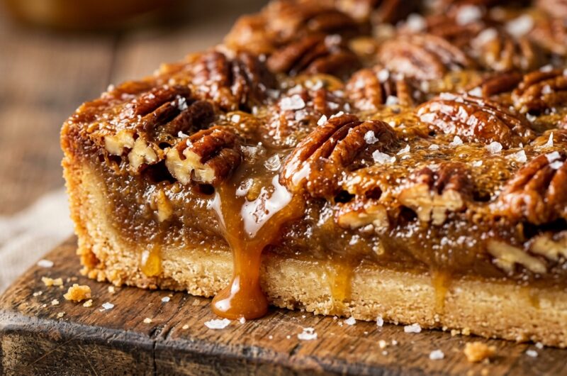 Ultra close-up macro of sliced caramelized brown sugar pecan pie bar with shortbread crust and honey caramel drip
