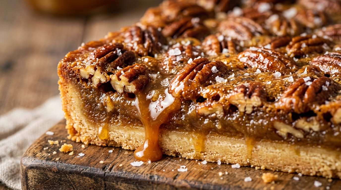 Ultra close-up macro of sliced caramelized brown sugar pecan pie bar with shortbread crust and honey caramel drip