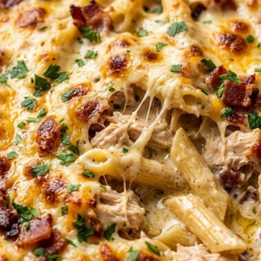 Ultra close-up macro of bubbling golden-brown chicken bacon ranch pasta bake with melted stringy mozzarella, tender penne, and crispy bacon bits