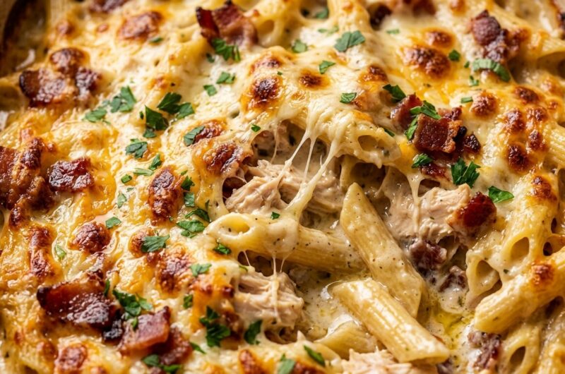 Ultra close-up macro of bubbling golden-brown chicken bacon ranch pasta bake with melted stringy mozzarella, tender penne, and crispy bacon bits